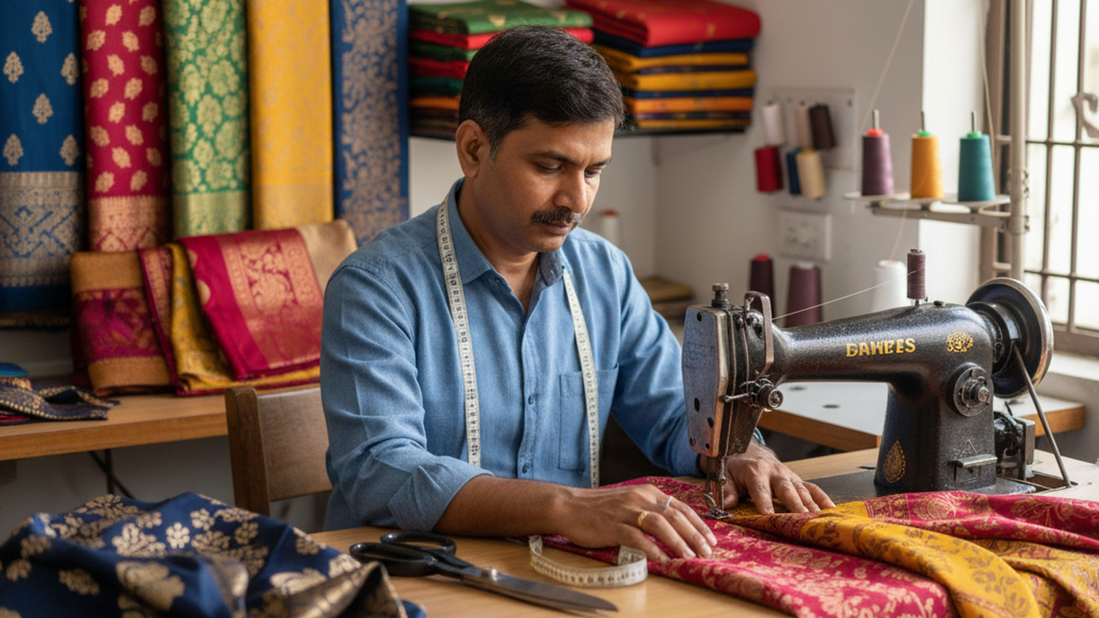 Tailor sewing and altering clothes with basic tailoring tools