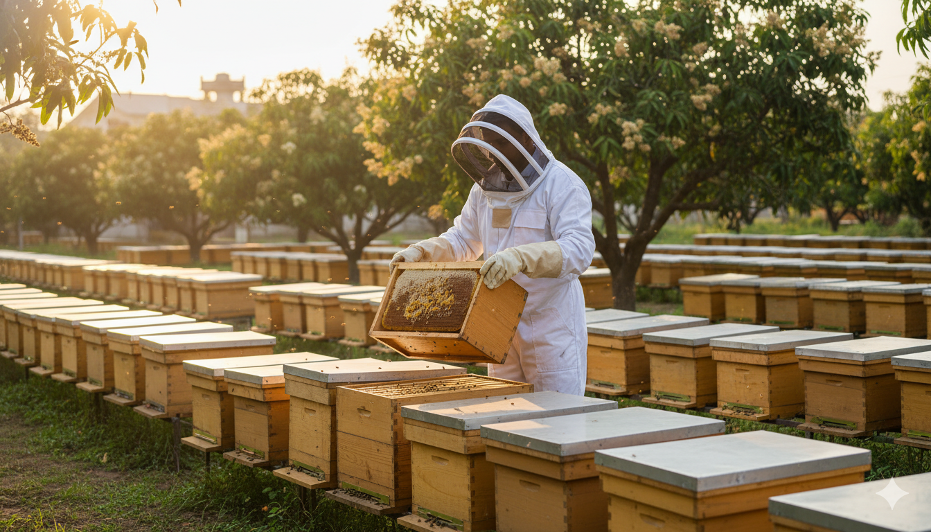 Beekeeping setup with honey bee hives for small-scale honey production