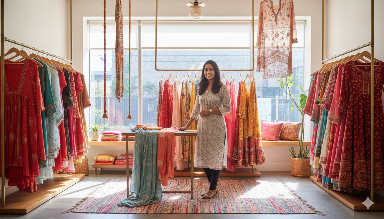 Home boutique display with ethnic wear, sarees, suits, and festive clothing for local selling