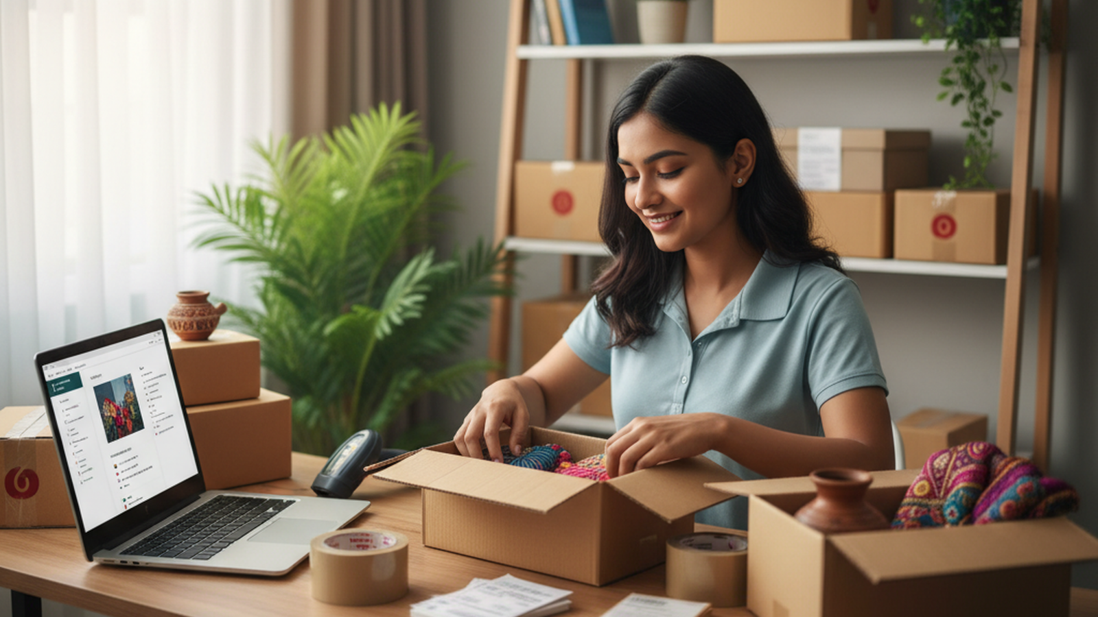 E-commerce seller managing online marketplace product listings, orders, packaging, and inventory from home