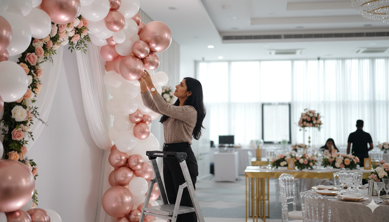 Balloon decoration setup for a small event decorator business