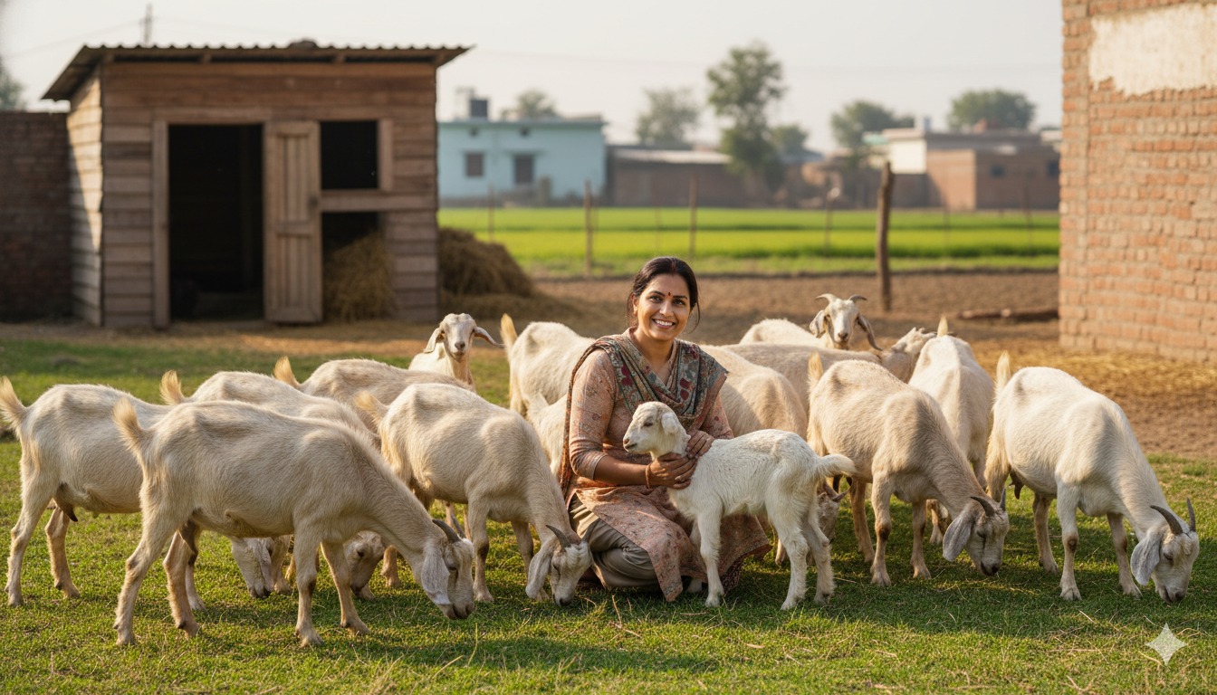 Goat farming micro-business illustration showing goats raised for rural livestock income