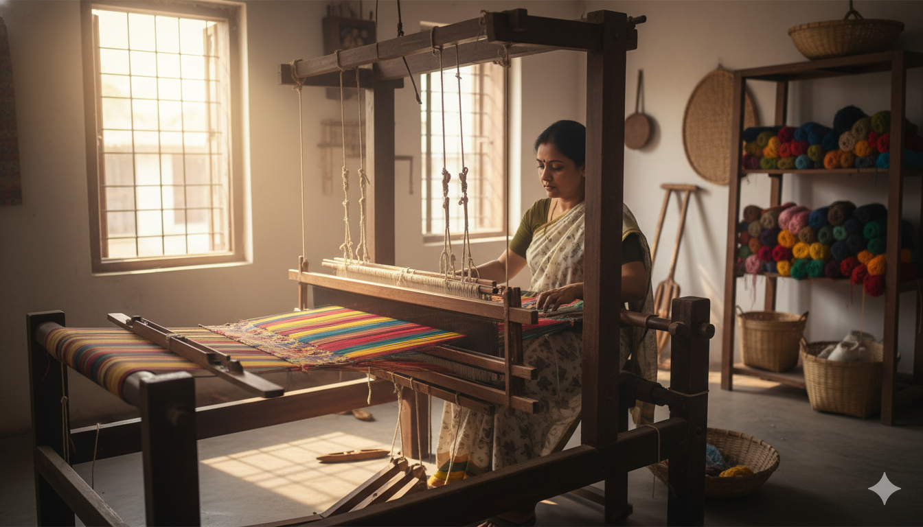Handloom weaving setup with loom and handmade textile products
