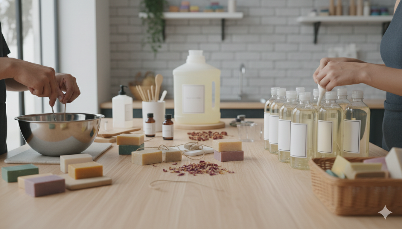 Handmade soaps and detergent products for a small home-based cleaning product business