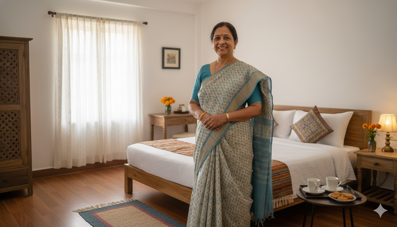 Homestay operator preparing a clean guest room for travelers
