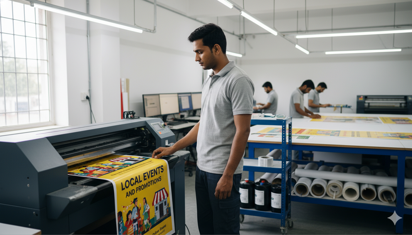 Local printing and flex banner business setup with posters, banners, visiting cards, and advertising materials