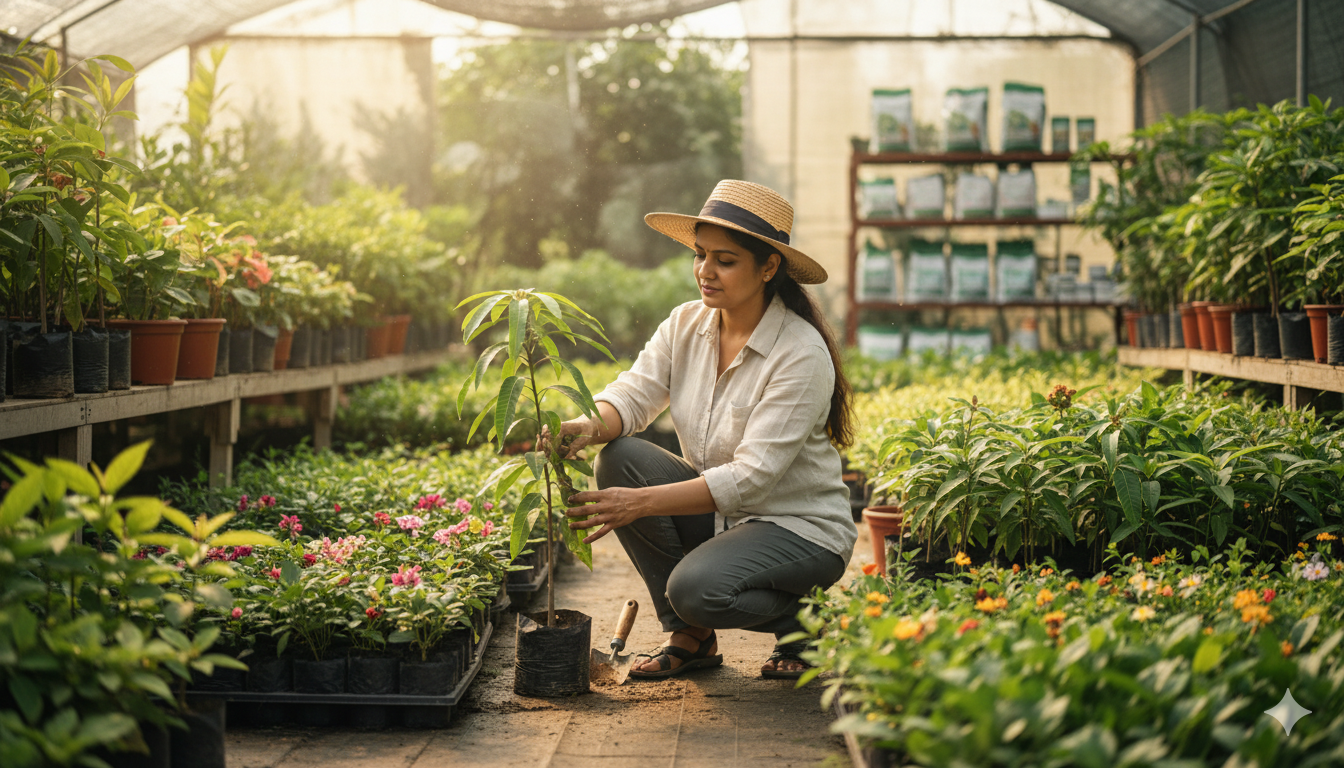 Healthy plant saplings and nursery pots for a small plant business