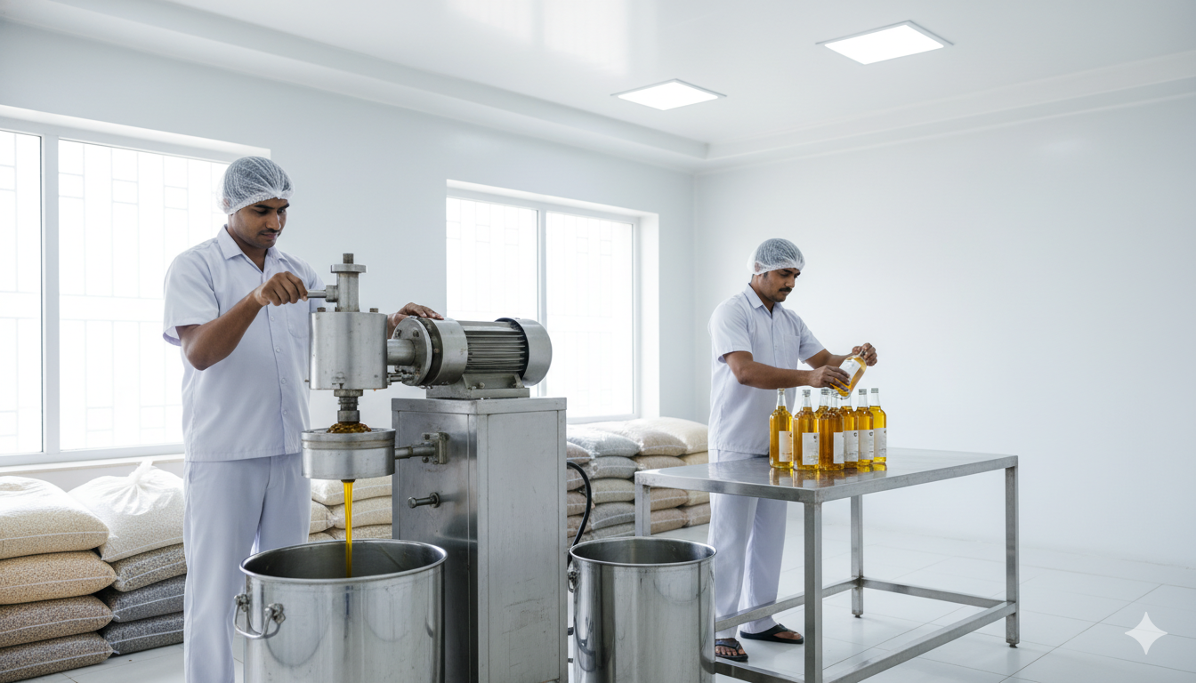 Small oil extraction micro-unit with oilseeds, expeller machine, and fresh edible oil production setup