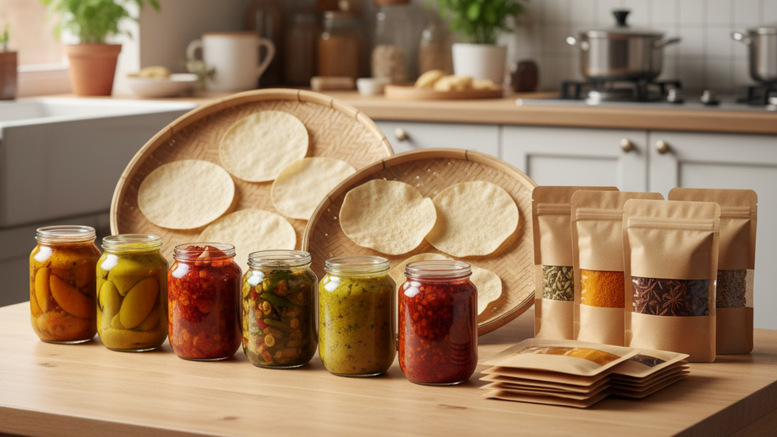 Homemade pickle, papad, and spice products prepared for a small home-based food business