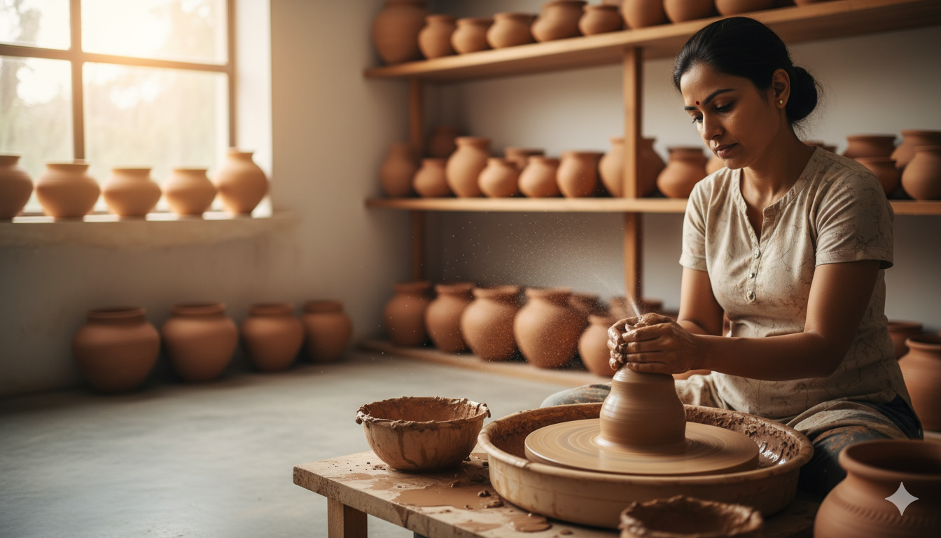 Handmade pottery products including clay pots, diyas, planters, and decor items