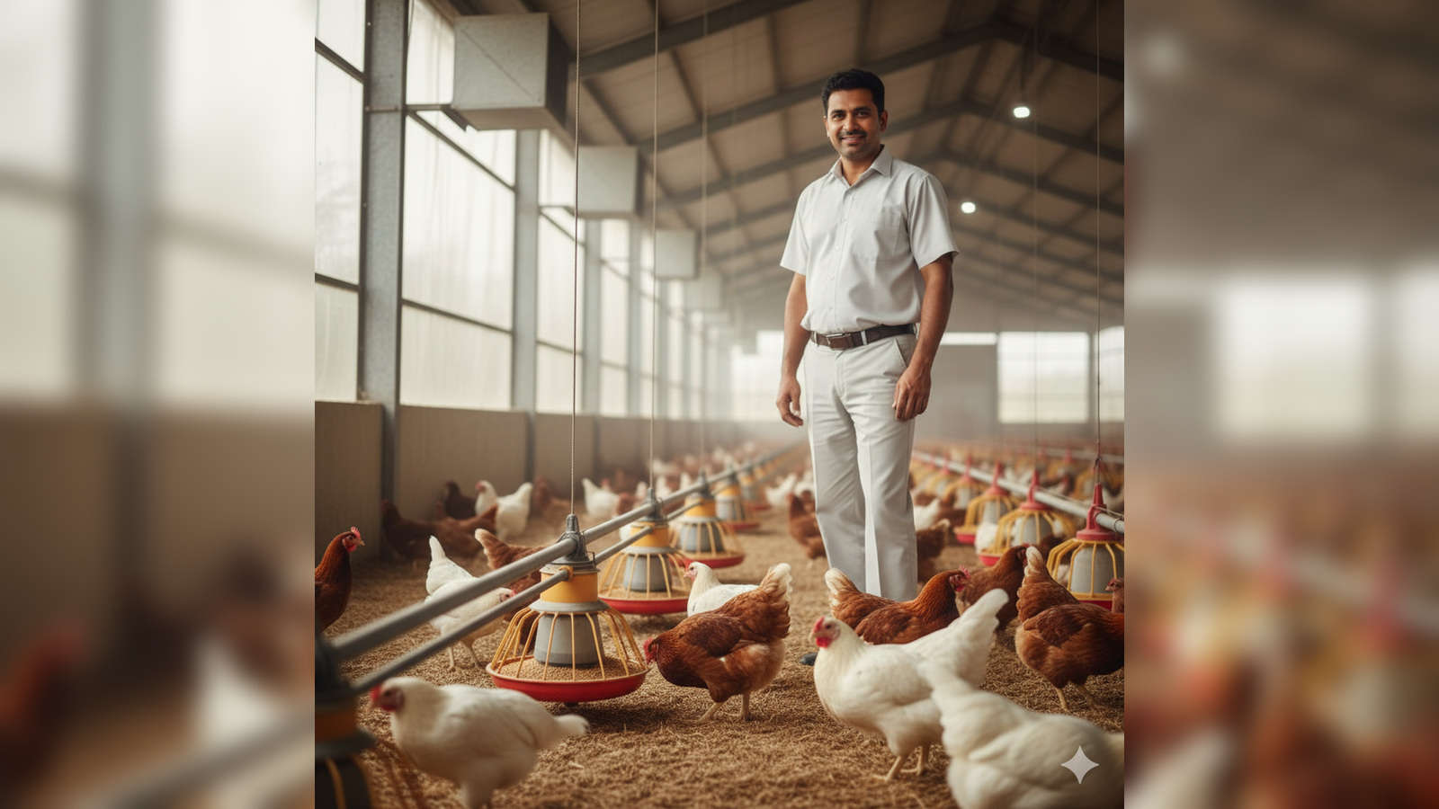 Poultry farming setup with chickens for eggs, meat, and local sales