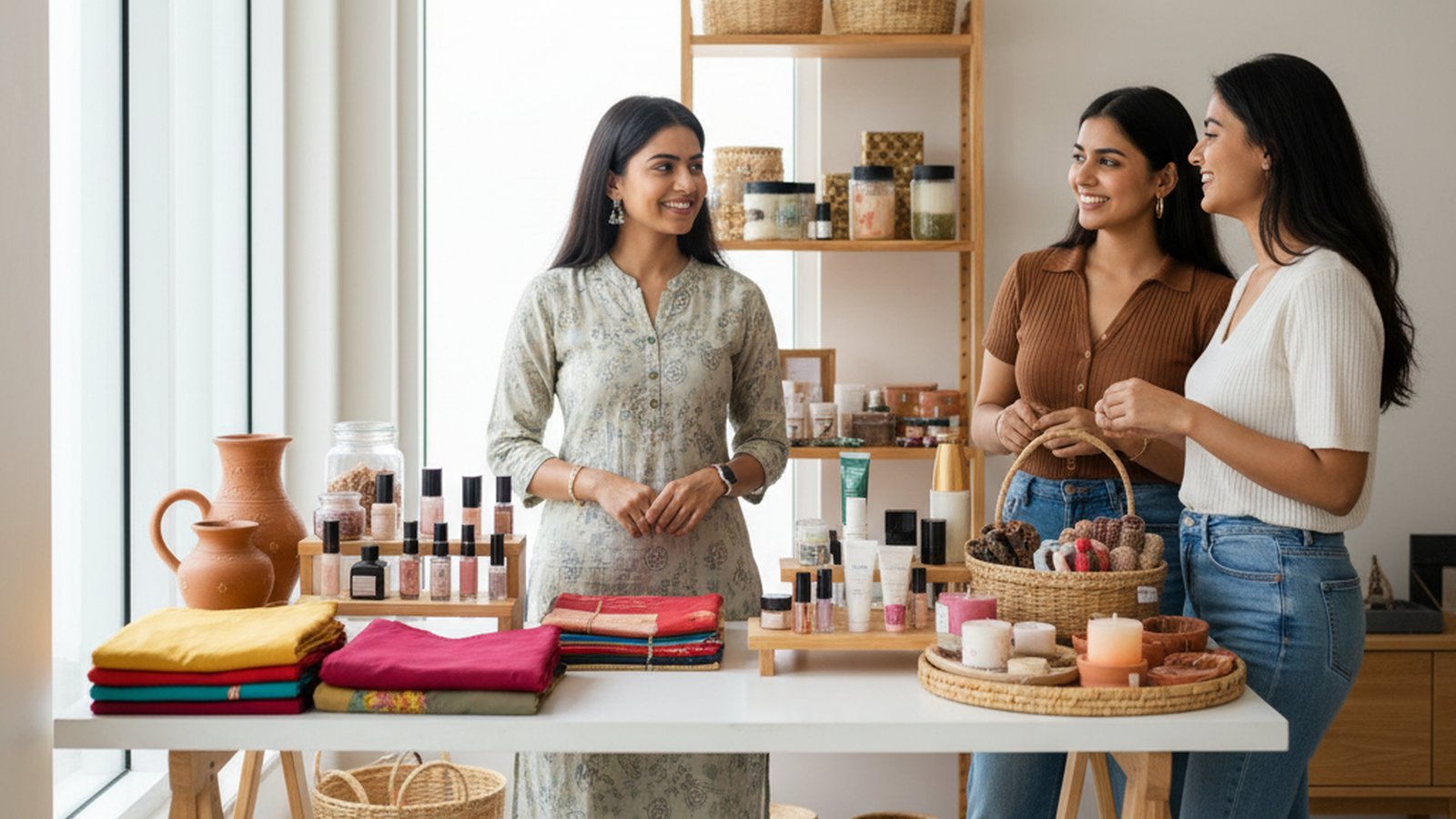 Clothes, cosmetics, and household items arranged for a small home-based reselling business