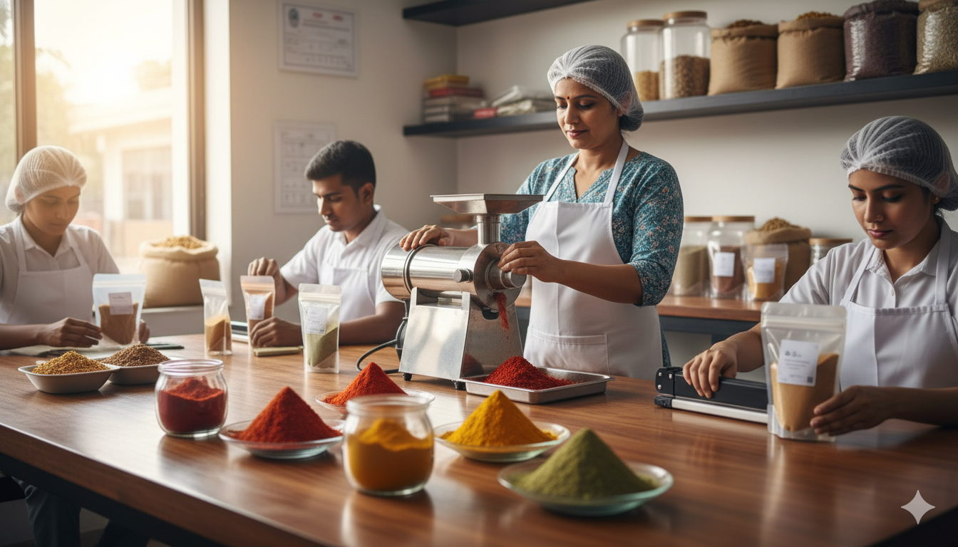 Spice grinding and packaging unit with spices, grinder, and packaged masala products