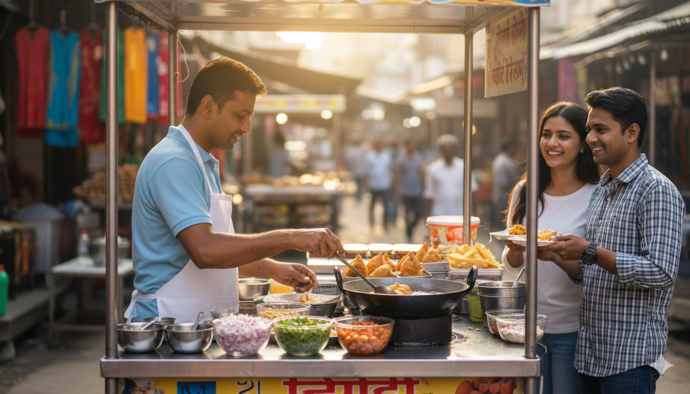 Street food vendor serving quick snacks from a small local stall