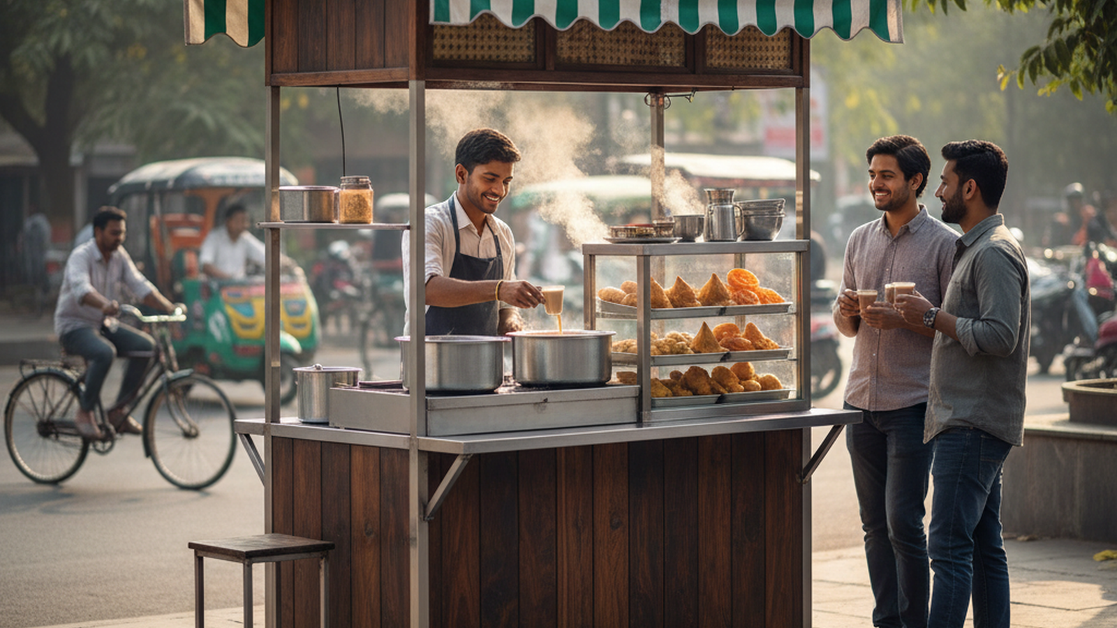 Tea and snacks stall serving affordable refreshments in a busy local area