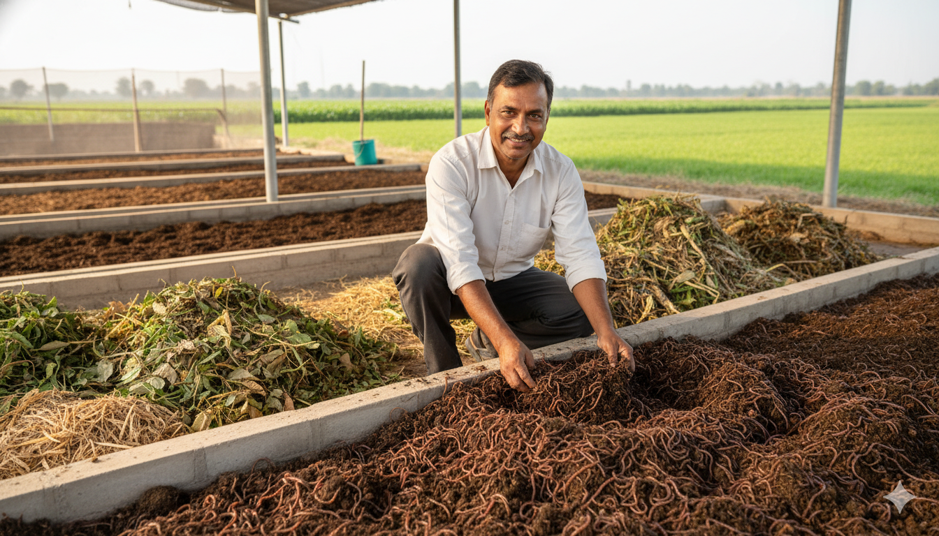 Vermicompost making setup with organic waste, earthworms, and nutrient-rich compost for small business use