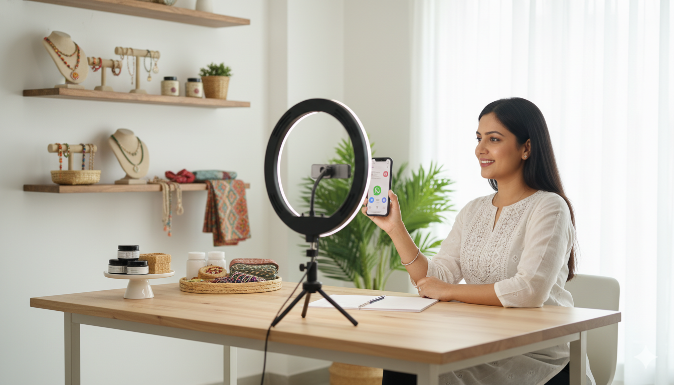 Home-based seller managing product orders through WhatsApp and Instagram on a smartphone