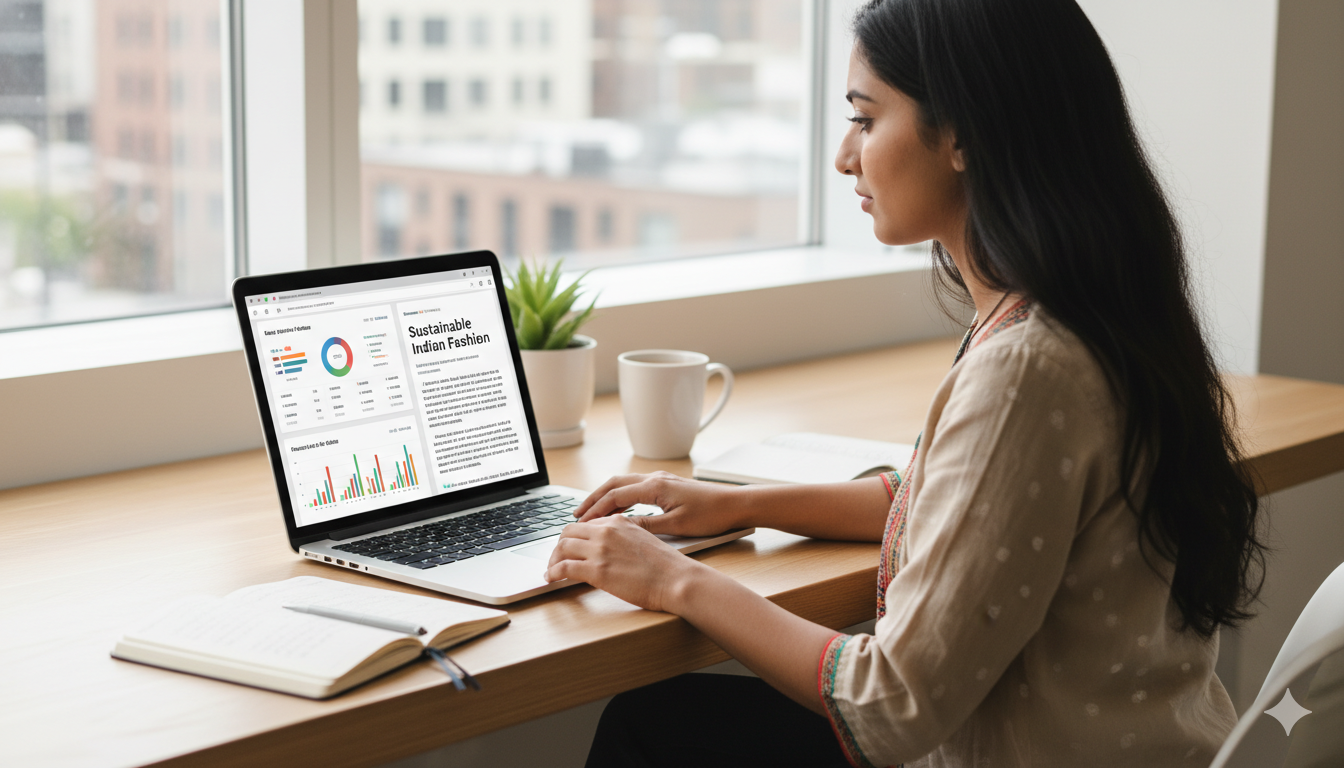 Blogger creating a niche website from home to earn through content, traffic, and monetization