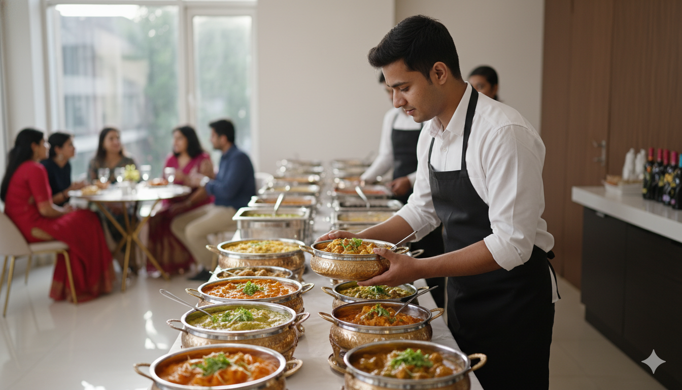 Catering helper serving food at a small local event