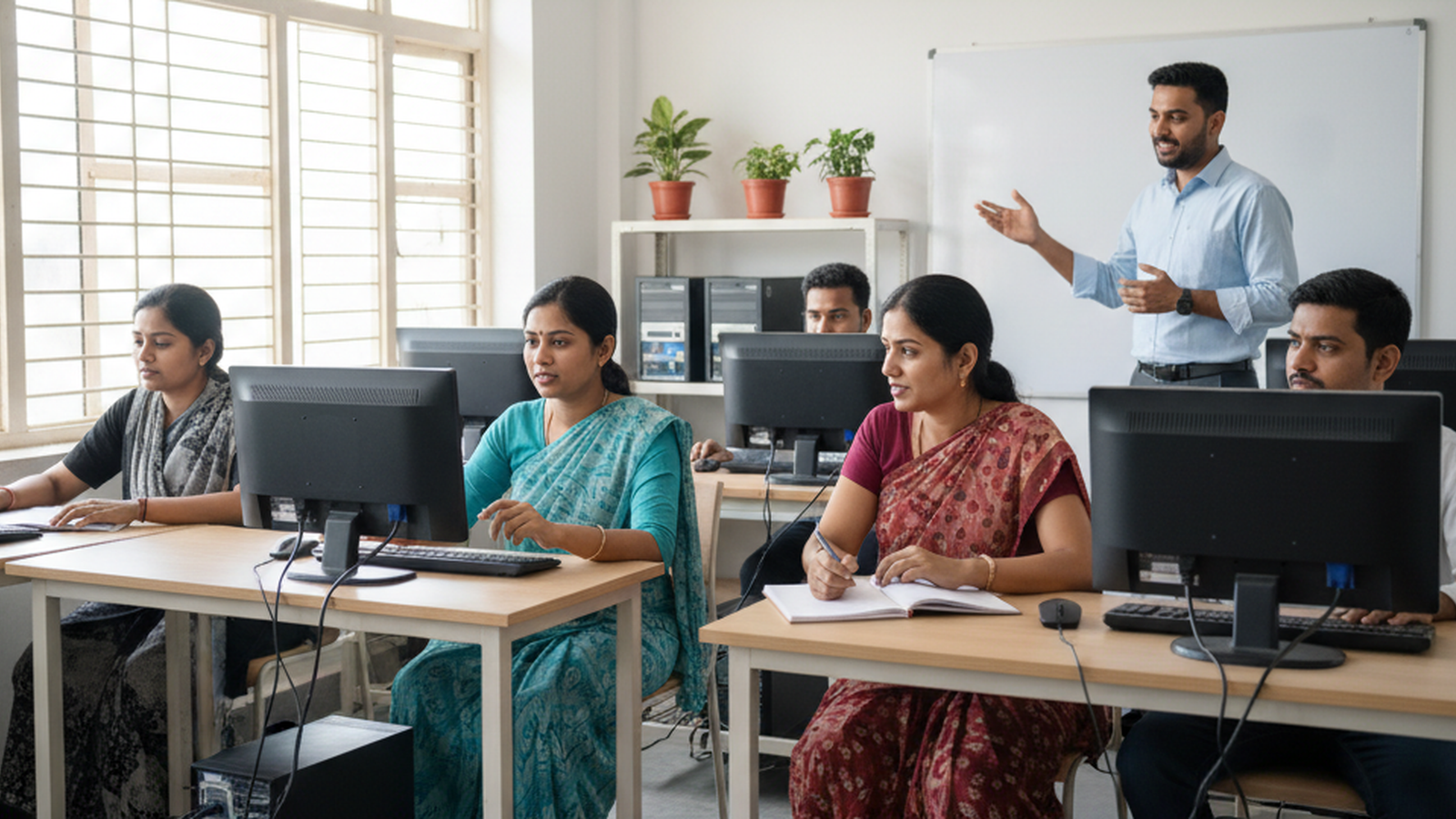 Instructor helping a beginner learn computer basics and everyday digital skills