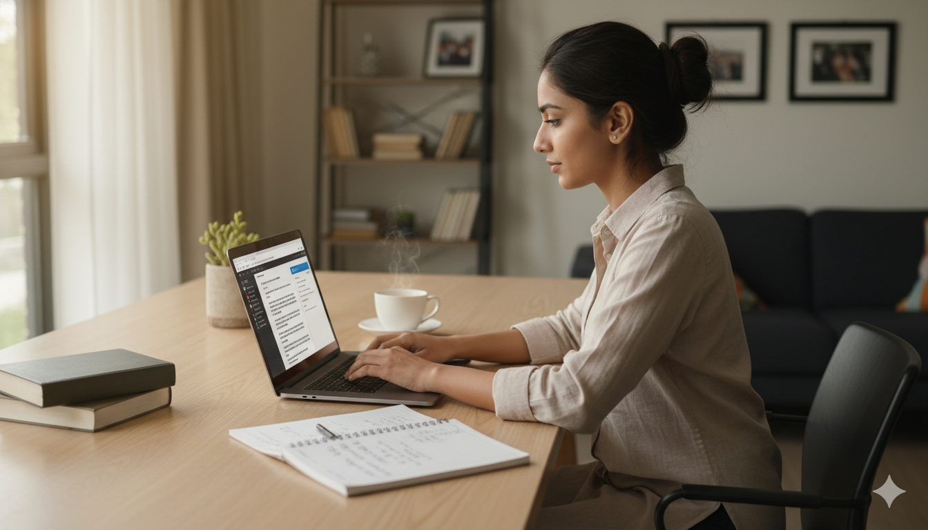 Freelance content writer working from home on blog, website, and local-language content