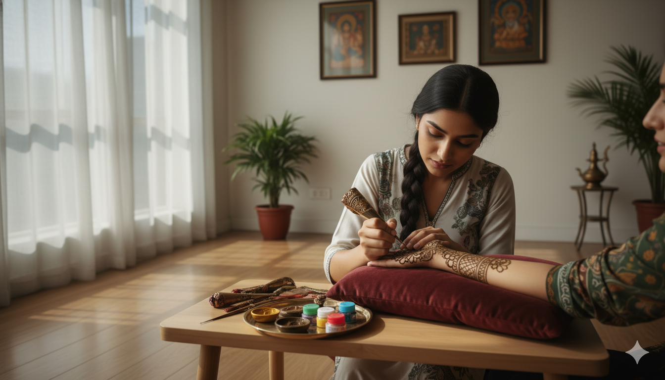 Mehndi artist applying traditional henna designs for weddings and festive events