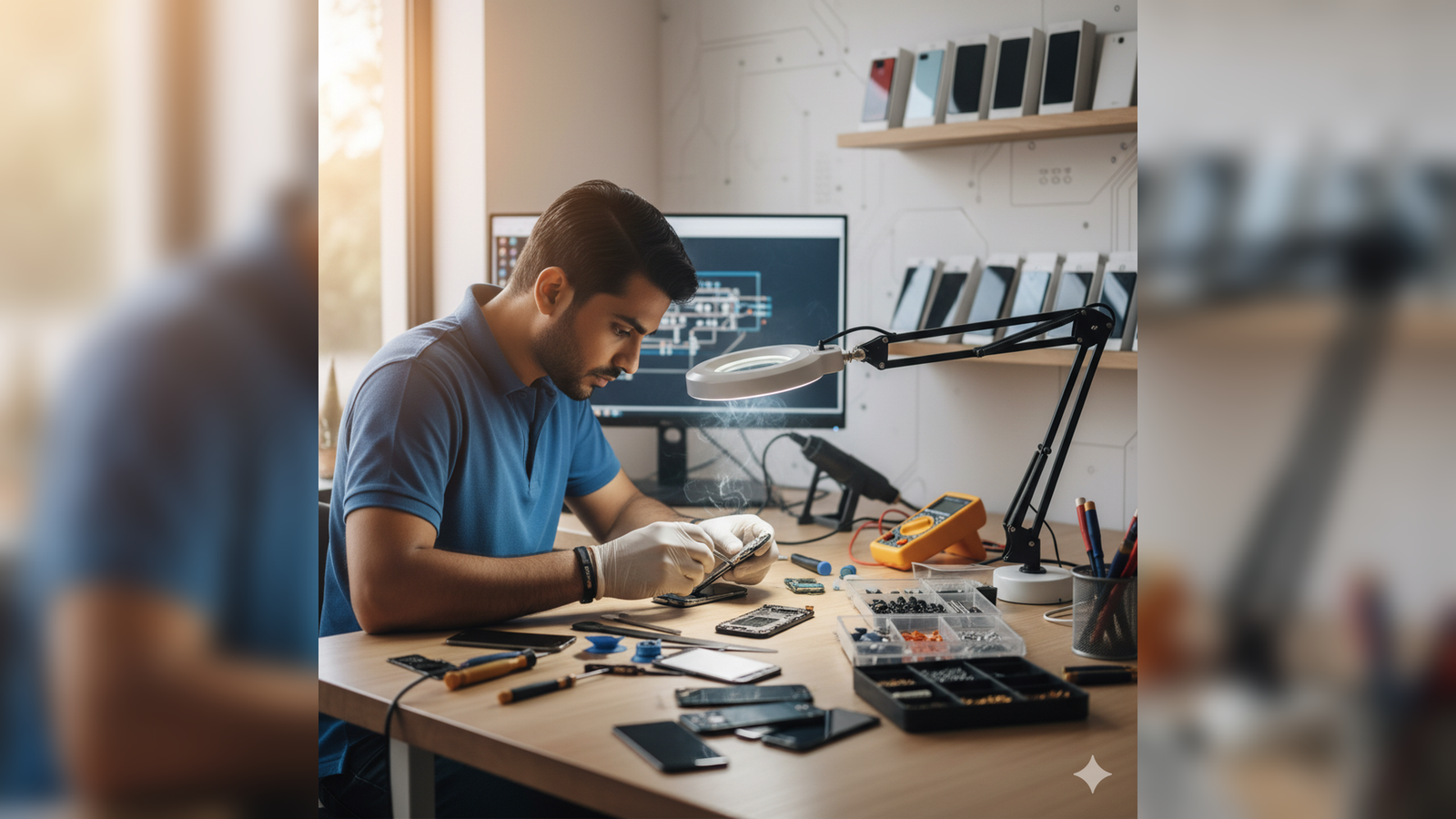 Technician repairing a mobile phone with tools for a phone repair service
