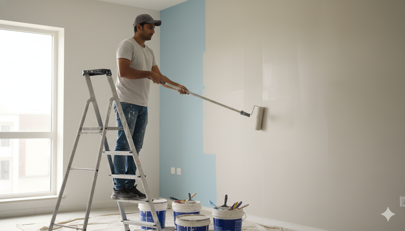 Painter applying wall paint and finishing work for a home renovation project