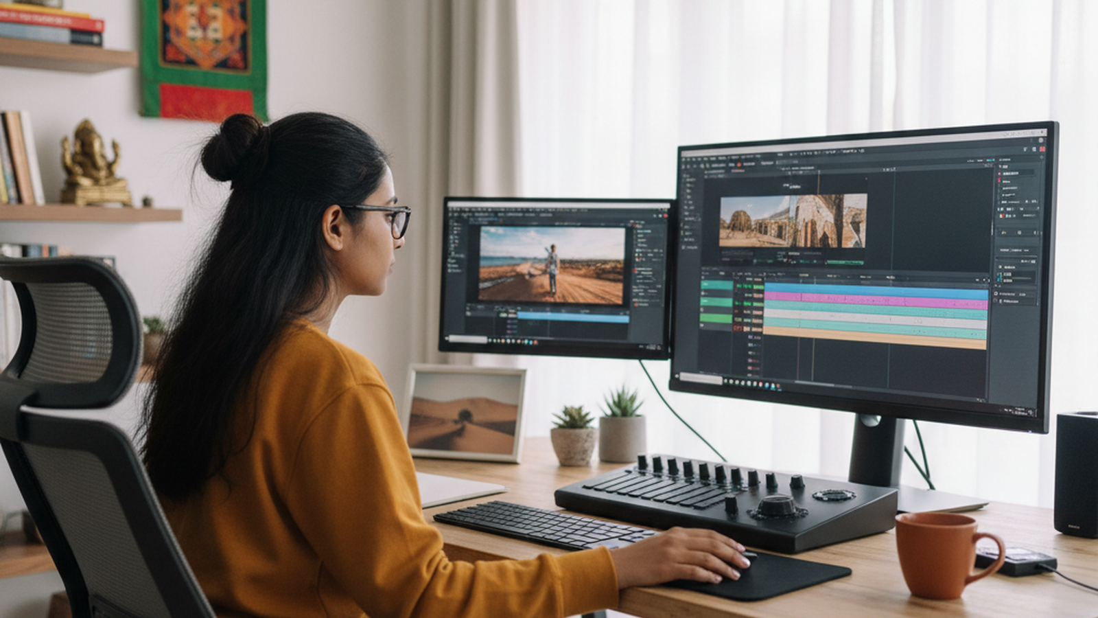 Freelancer editing YouTube, Reels, Shorts, and local business promo videos on a laptop