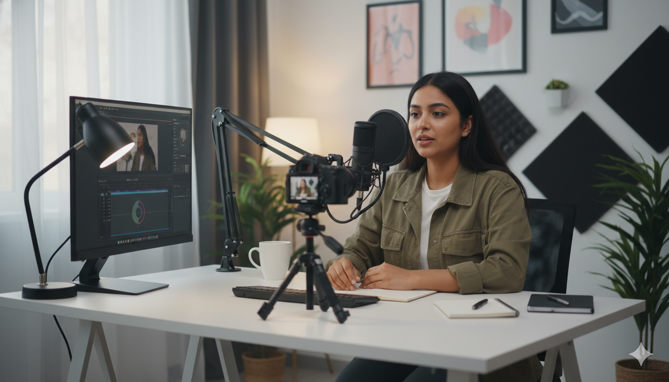 Illustration of a YouTube content creator planning and producing videos from home