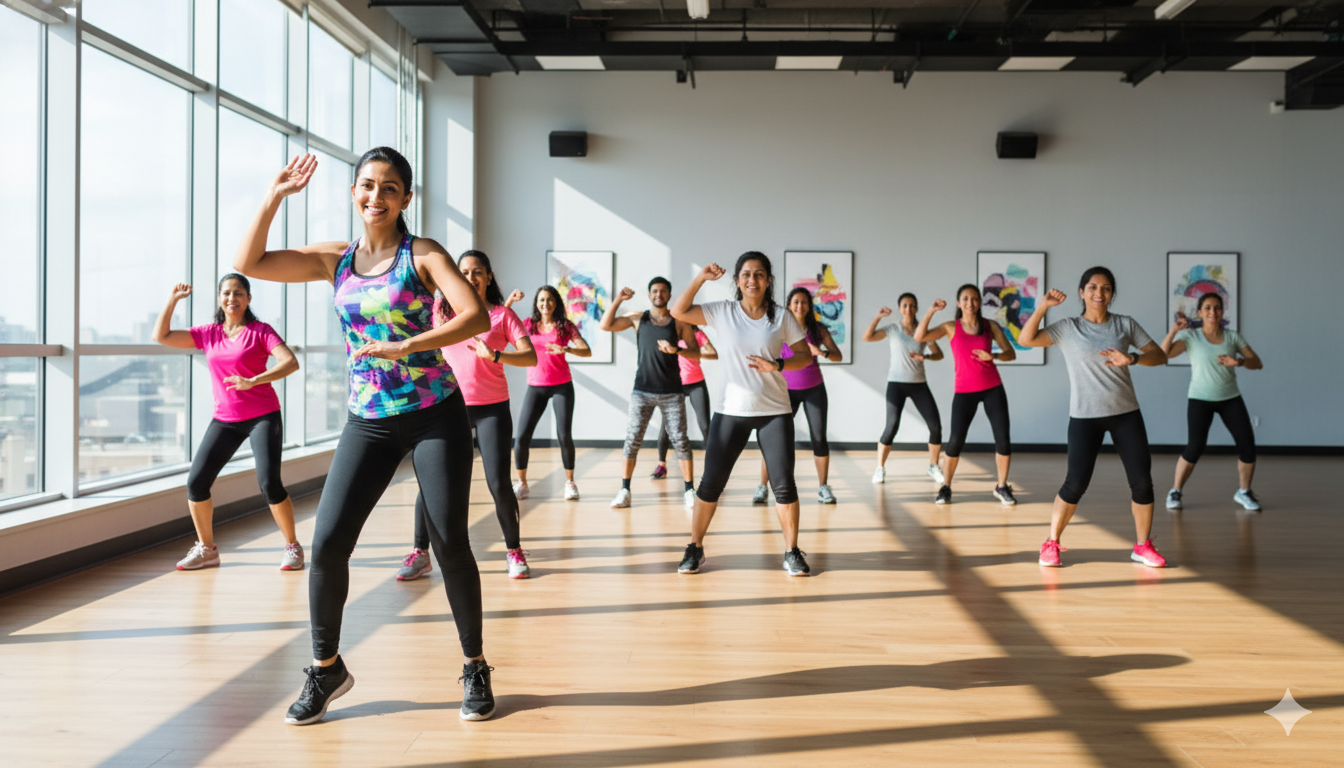 Zumba dance instructor leading a beginner-friendly fitness class